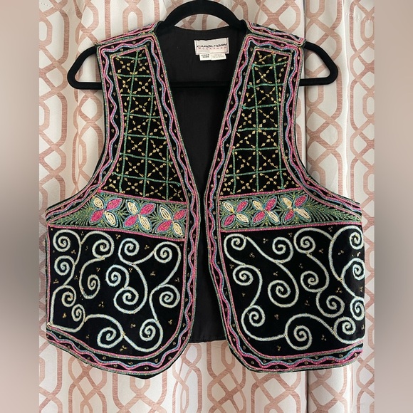 Vintage Embroidered Black Vest with Pink and Green Accents - Picture 1 of 6